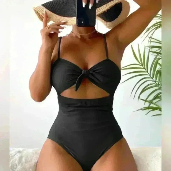 NWOT BLACK TYE FRONT CUTOUT HIGH CUT SWIM SUIT SIZE LG - Picture 1 of 8